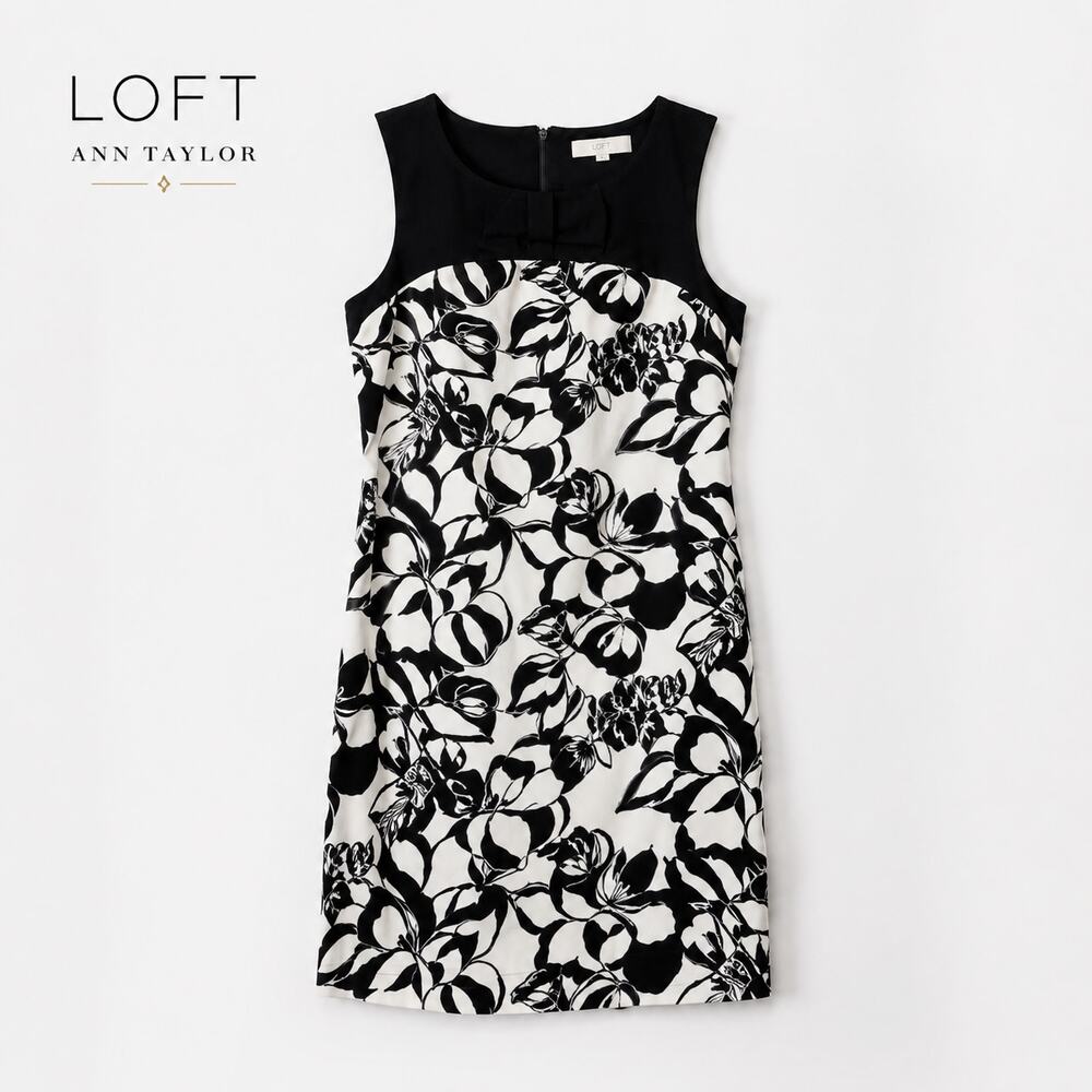 LOFT Ann Taylor Black White Floral Shift Dress Sleeveless Lined Womens 4